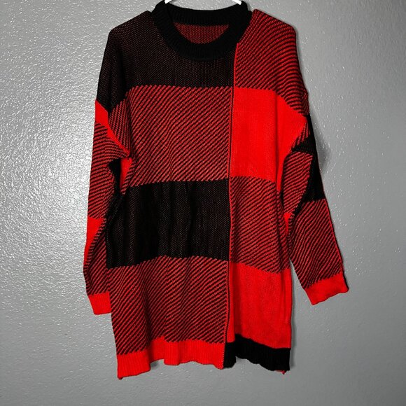 Women’s XXL Red Black Colorblock Knit Sweater Long Sleeve Cozy Pullover - Picture 8 of 9